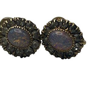 Vintage Faux Opal and Clear Rhinestone Dainty Screw Back Earrings